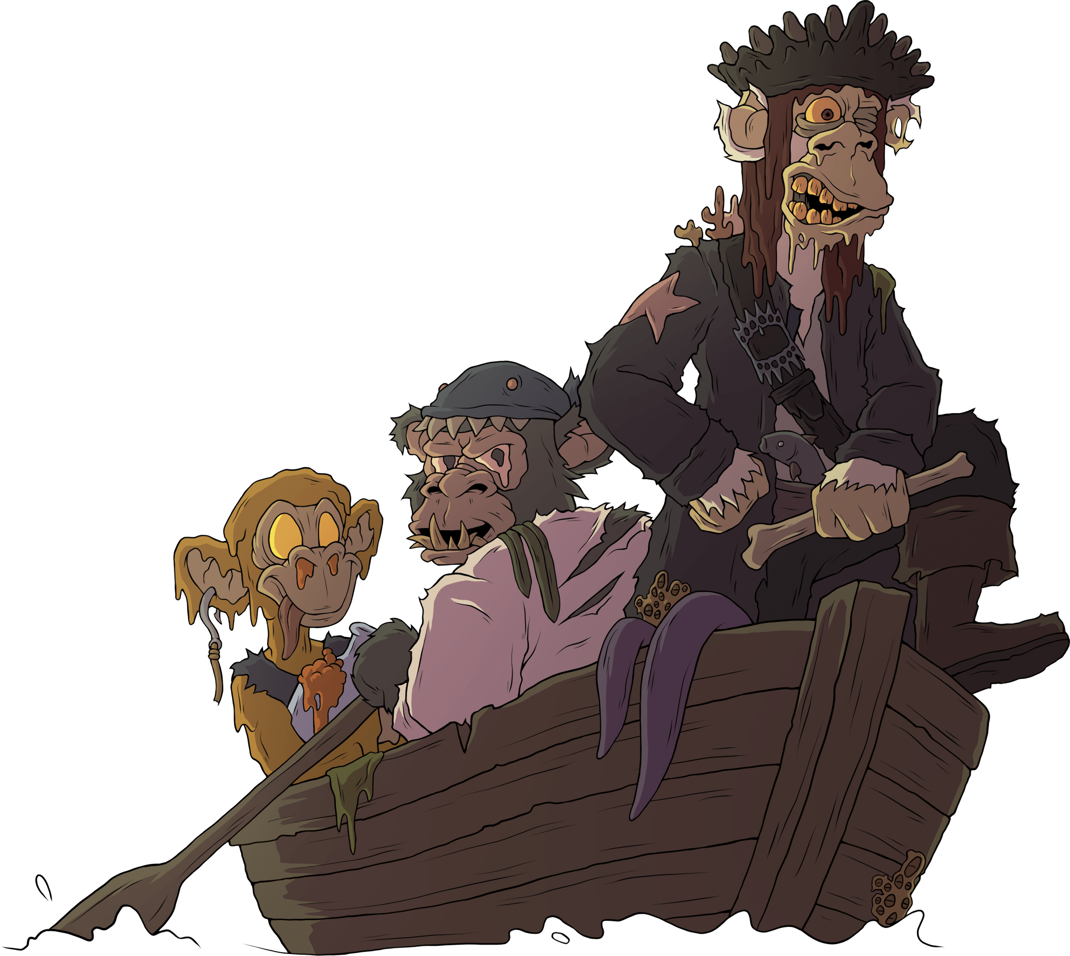 The mutated crew rowing across a burning sea