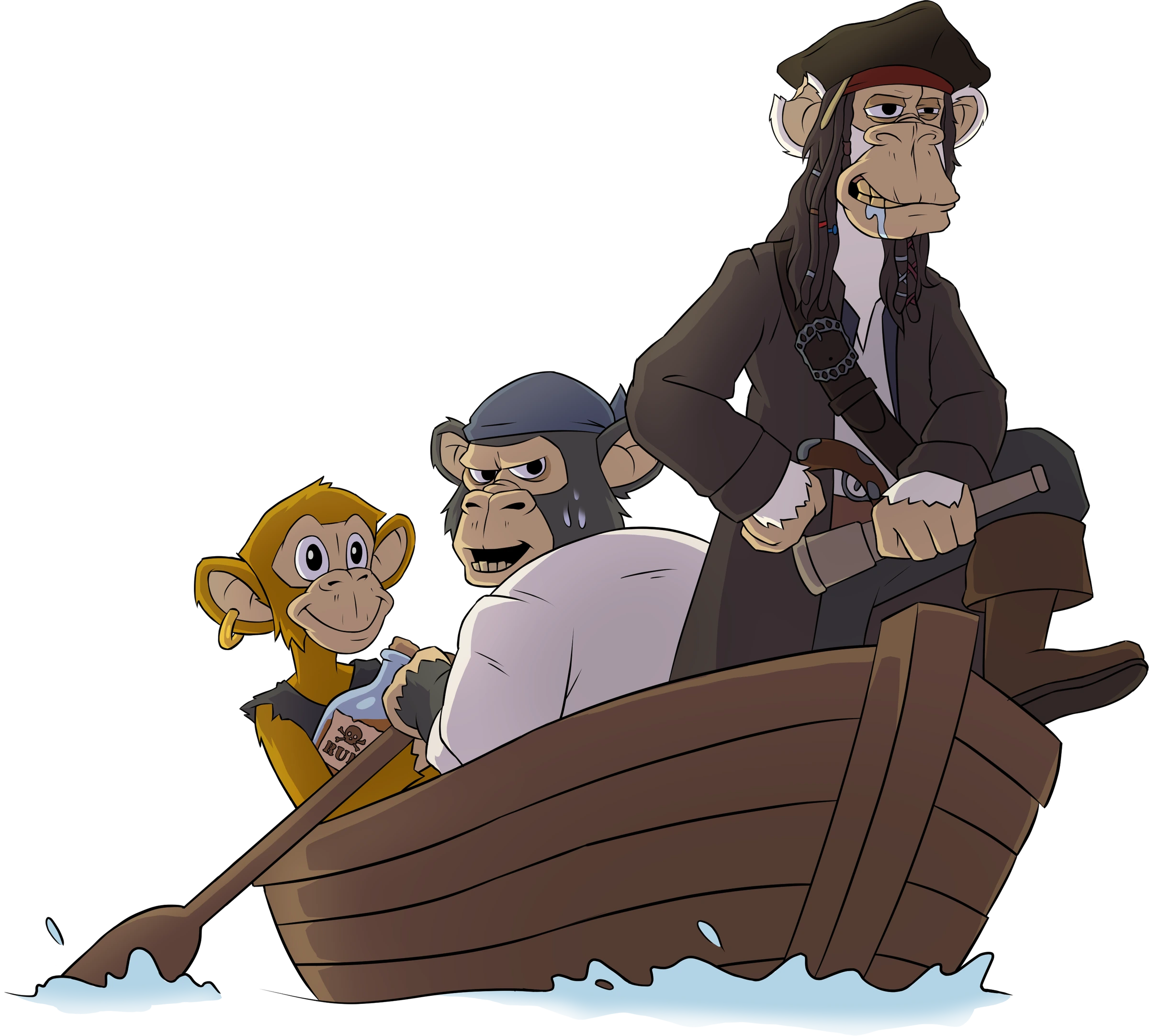 Three pirate apes rowing past a yacht at sunset